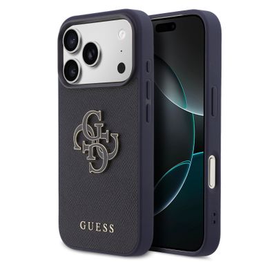 جراب جلد سافيانو من Guess بتقنية MagSafe مع شعار 4G من الراتنج لجهاز iPhone 17 Pro ، بروفايل نحيف، قبضة مريحة، حماية من السقوط، خفيف الوزن - أزرق داكن