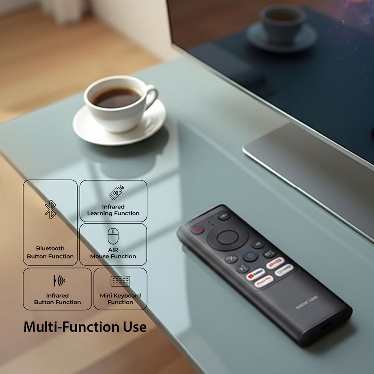 جهاز Green Lion Wireless Remote Pro مع لوحة مفاتيح وفأرة، اتصال 2.4G + بلوتوث، دقة 1200 DPI، منفذ شحن Type-C، مساعد صوتي، 61 مفتاح للوحة المفاتيح، سعة بطارية 300mAh، لوحة مفاتيح صغيرة – باللون الأسود.