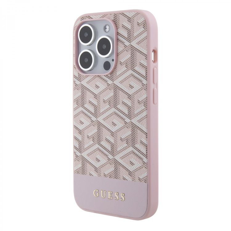 Guess Magsafe Leather Case with Gcube Stripe Pattern - Pink - iPhone 15 Pro Max