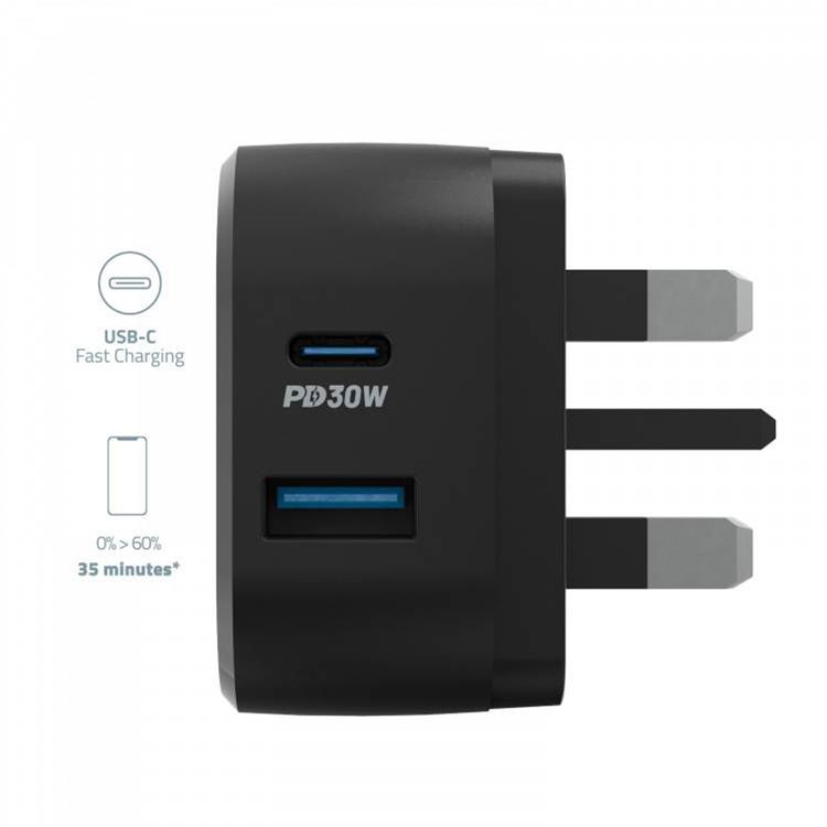 Powerology Ultra-Compact Quick Charger with 30W Power Delivery, UK 3-Pin Plug, 0%-60% Charge in 35 Minutes, Built-in Safeguards, 18W QC Output - Black