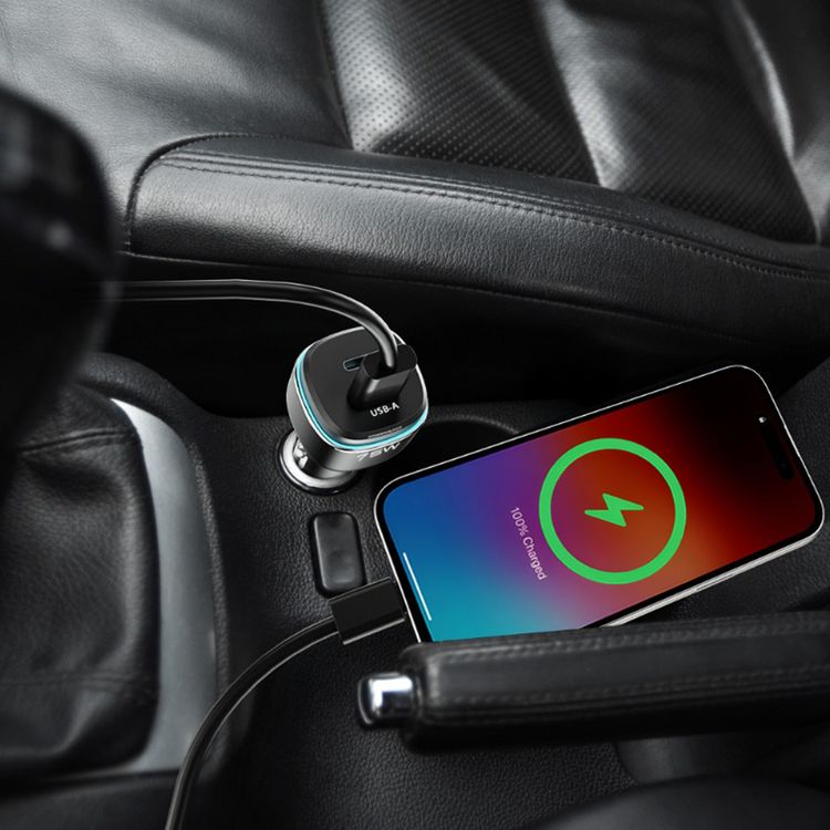 Powerology 75W Dual-Port High-Power Car Charger with USB-C to Lightning Cable, USB-C & USB-A Ports, 75W Total Output, 45W Power Delivery, LED Ambient Light, Fast Charge, Zinc Alloy with Oil Painting Finish Material - Black / Gray