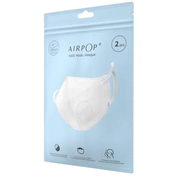 Airpop Pocket Reusable Kids Face Mask with 2 Pieces per Pack, 4-Layer Filter Face Covering, Up to 40 Hours of Wearability, 3D Structure, Soft Ergonomic Foam Seal, 99.3% Particle Filtration & 99.9% Bacterial Filtration - White