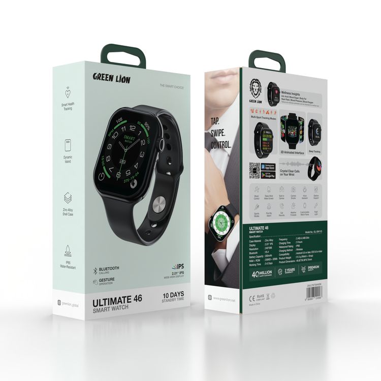 Green Lion Ultimate 46 Smart Watch with Smart Health Tracking, Zinc Alloy Case Material, Dynamic Island, Android 5.0 or Later, iOS 9.0 or Later Compatibility, 3 Hours Charging Time, IP65 Water Resistance Level, 3-5 Days Working Time, 200mAh Battery Capacity, Bluetooth Version 5.4 - Black
