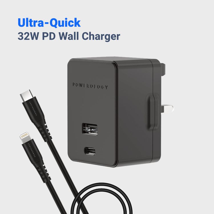 Powerology Ultra-Quick PD & QC Charger Dual Ports 32W Simultaneous Fast Charging Wall Charger with 1.2m/4ft USB-C to Lightning Cable (Black)