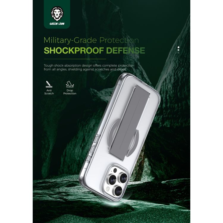 كفر حماية Green Lion MagSafe Grip لهاتف iPhone 16 Pro، شفاف مقاوم للاصفرار، حماية من الدرجة العسكرية، قبضة مريحة - تيتانيوم