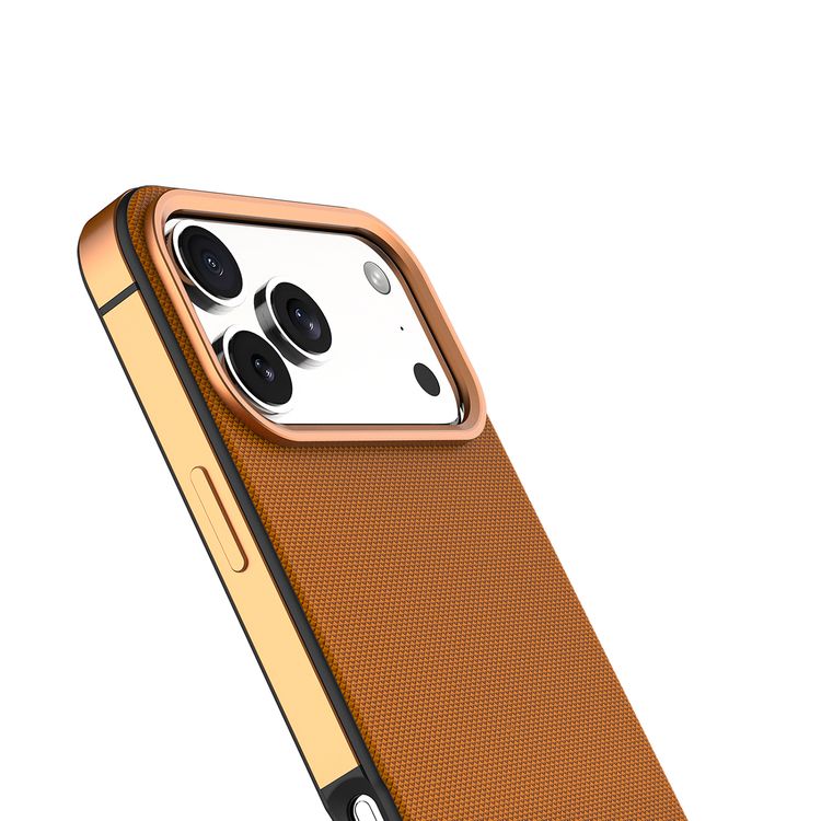 Levelo Cuir Leather Hybrid Case with Comfortable Grip for iPhone 17 Pro, Strong Magnets & MagSafe Compatible, Shock-Resistant Bumper, Aluminum Alloy Frame for Camera & Buttons, Drop-Tested - Sunrise Orange