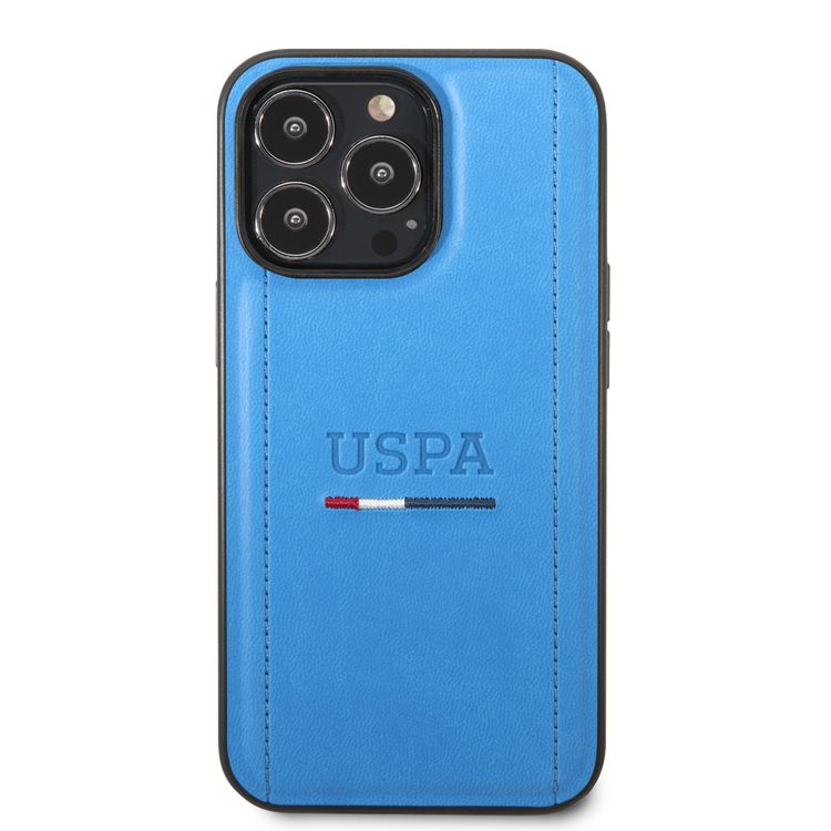 USPA PU Leather Case with Tricolor Stitches & Initials Full Protection iPhone 14 Pro Max Compatibility - Blue