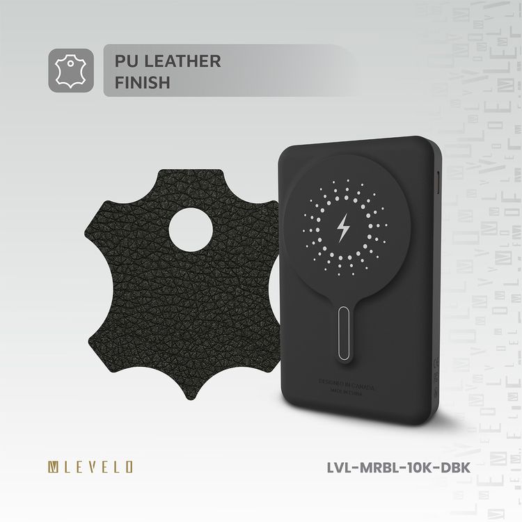 Levelo Marabella MagSafe Leather 10000mAh Power Bank with OLED Battery Status Display, N52 Magnets, 15W Wireless Charging, 20W Power Delivery, Overcurrent Protection - Dusk Black