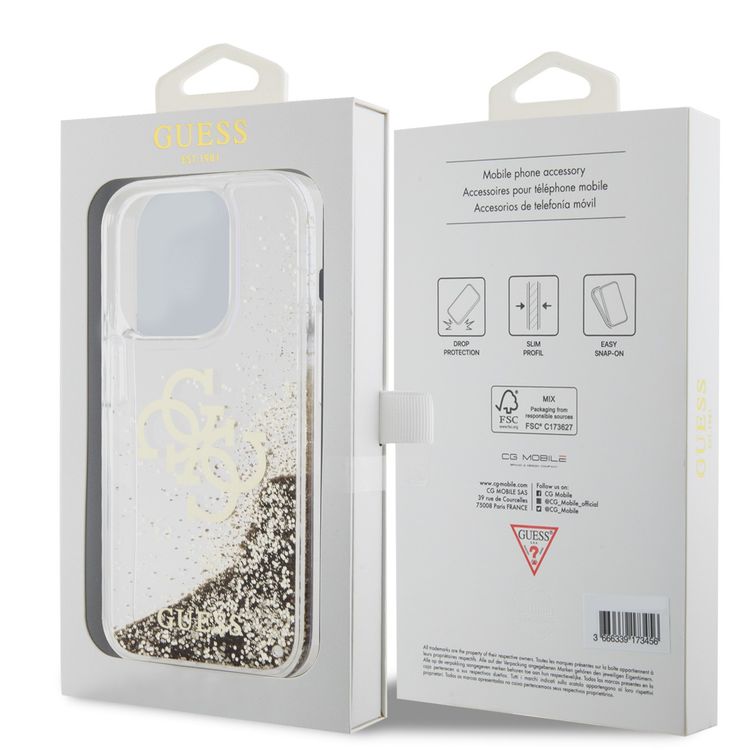 Guess Liquid Glitter Case with 4G Electroplated Logo - Gold - iPhone 15 Pro