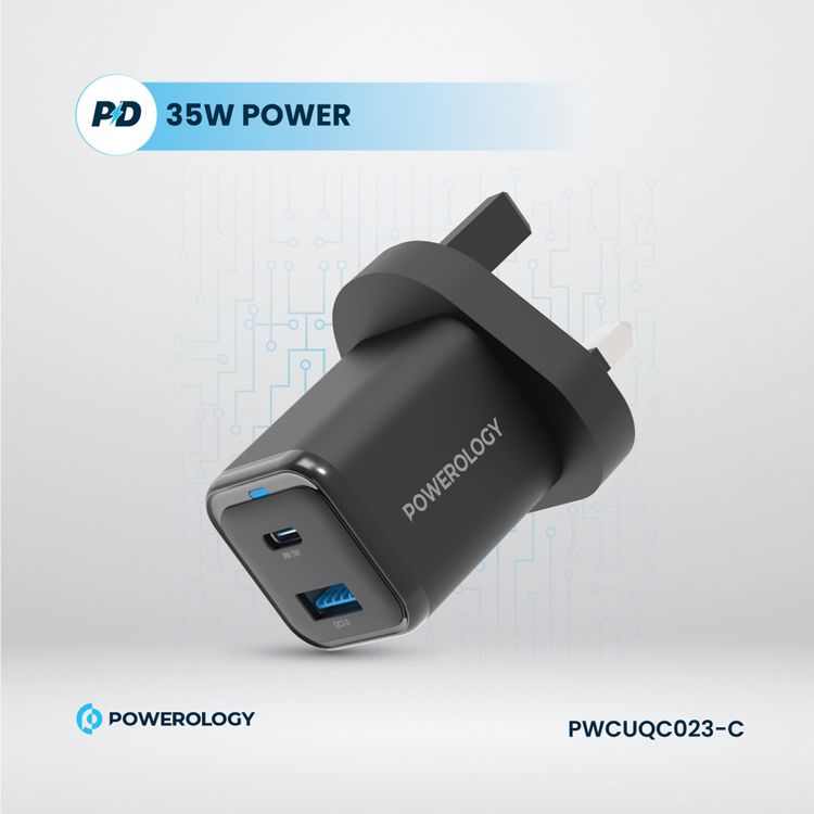 Powerology Dual Port Super Compact Quick Charger with USB-C To USB-C Braided Cable, 33W PPS Protocol, 35W USB-C Output, 18W USB-A Output - Black 
