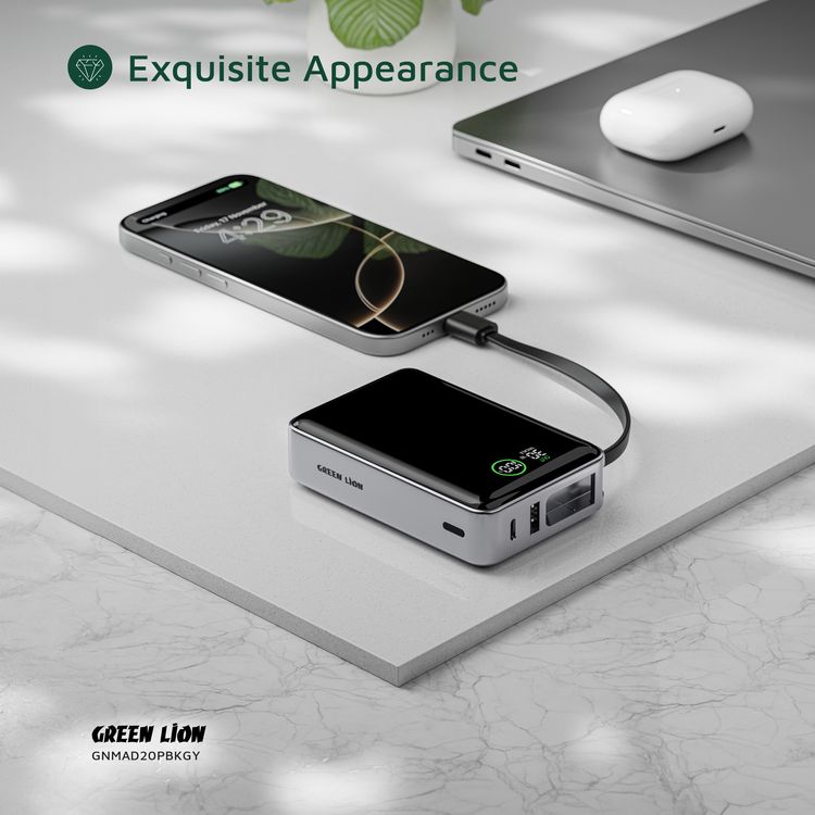 Green Lion Madrid 20 Power Bank 20000mAh with Built-in 20cm Type-C Cable, 35W Power Delivery, Real-Time Digital Display, 22.5W USB-A Output, Trickle Charging Mode, Safe Charging - Gray