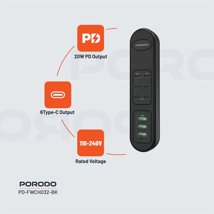 Porodo 50W Multi-Port USB Charging Hub with 20W Power Delivery, Simultaneous Charging, 2m Cable Length, Fast Charging Support, Built-in Safeguards - Black