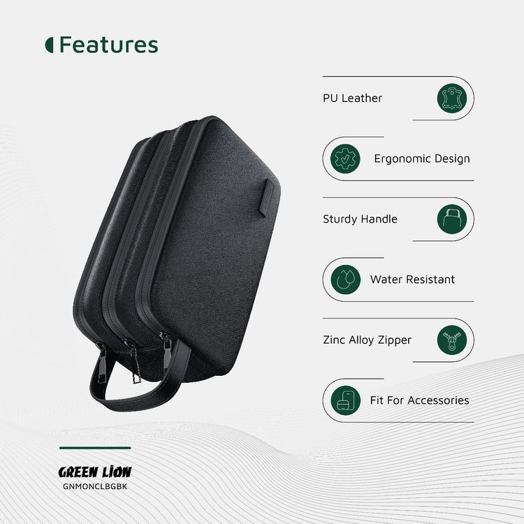 Green Lion Monarch Clutch Bag, 3 Compartments, Mesh Pockets, Sturdy Handle, Microfiber Interior, Water-Resistant PU Leather Exterior, Zinc Alloy Zipper - Black 