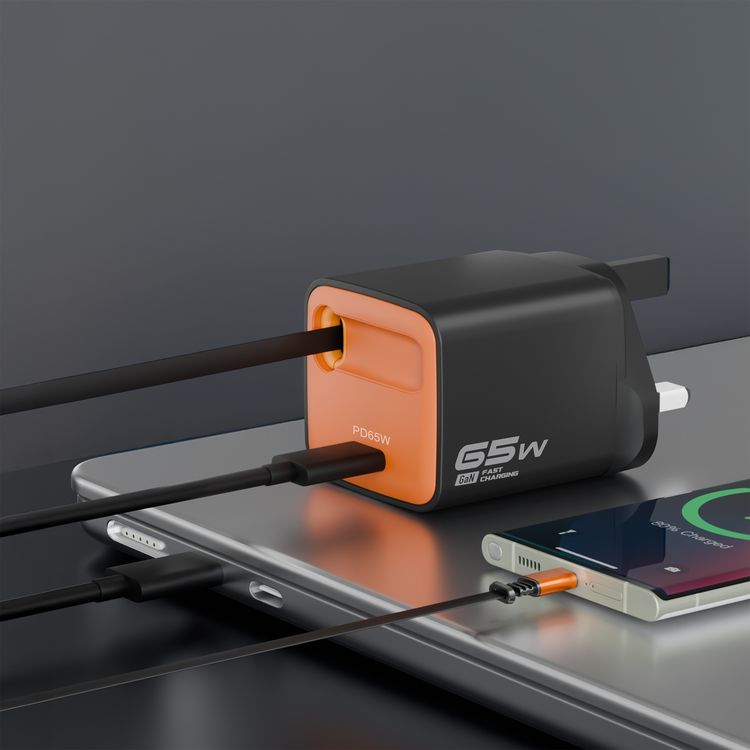 Porodo Tezpatro 65W GaN Charger with USB-C Retractable Cable, 1.5A Rated Current, 65W Power Delivery, 80cm Cable Length, Flame-Retardant Housing, Fast Charge Support - Black / Orange