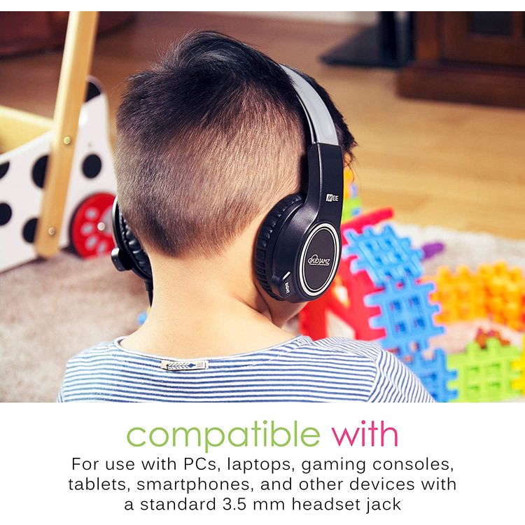 MEE Audio KidJamz Kids Headphone with Built-In Boom Microphone & Volume-Limiting Technology, 85dB, Tangle-resistant Cable, Adjustable & Flexible Headband, Noise-Cancelling - Black