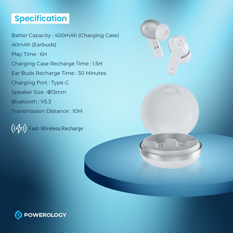 Powerology TWS Earbuds with Quad Mic ENC, 6h Playtime, Bluetooth 5.3, 30minutes Charging Time, 10m Transmission Distance, Type-C Port, Smart Touch Control, Wireless Charging - White