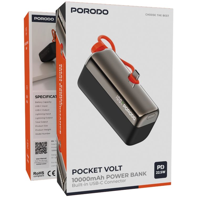Porodo Pocket Volt 10000mAh Power Bank with Built-in Type-C Connector, 22.5W Power Delivery, 20W Max Lightning Output, Fast Charging Support, Compact Design, 15W Total Output - Black