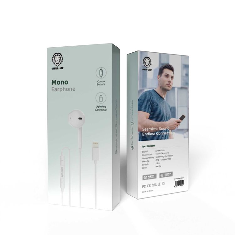 Green Lion Wired Mono Earphone with Lightning Connector, Control Buttons, 1.2m Cable Length, TPE & Copper Material, 14.2mm Speaker Size - White