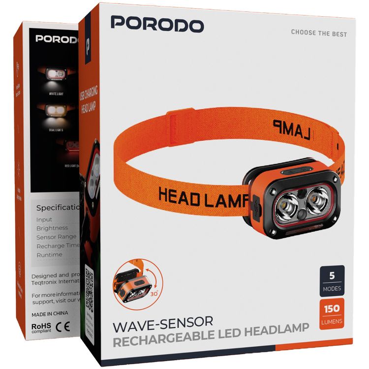 Porodo Wave-Sensor Rechargeable LED Headlamp with 5 Light Modes, 800mAh Battery, Up to 6 Hours Run Time, 10cm Sensor Range, Adjustable Elastic Headband - Orange