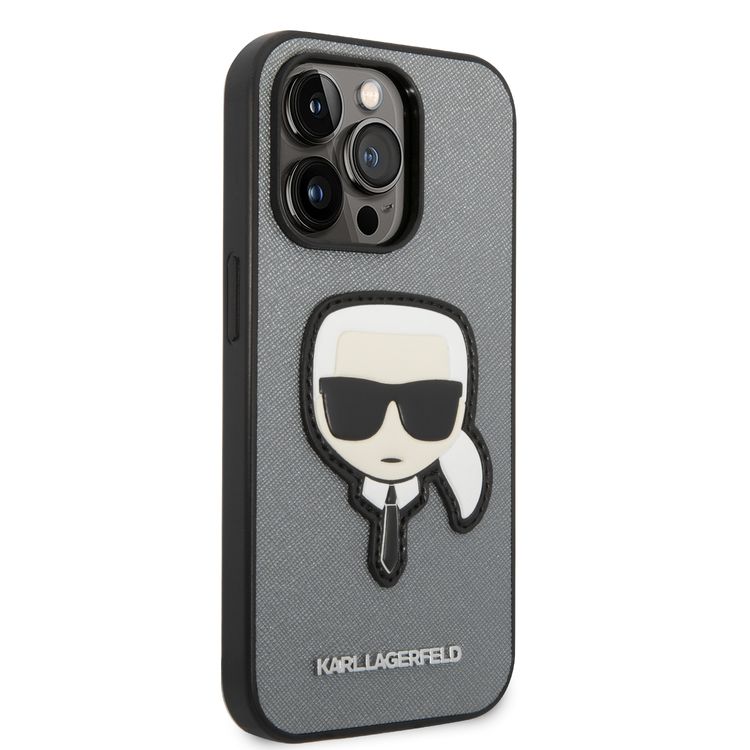 Karl Lagerfeld PU Saffiano Case with Karl Head Patch Ultra-Thin iPhone 14 Pro Max Compatibility - Silver