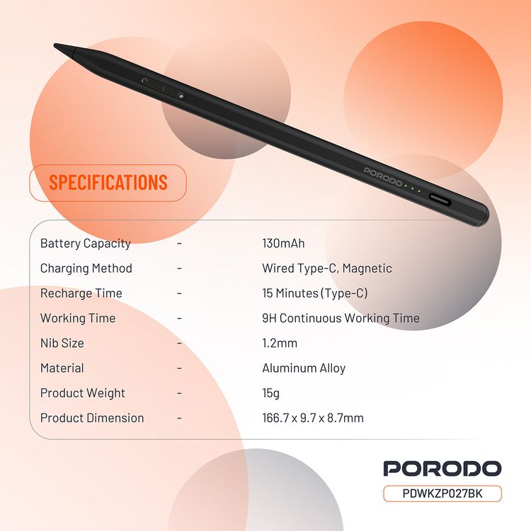 قلم بورودو المغناطيسي لجهاز آيباد، حجم سن 1.2 مم، يعمل بشكل مستمر لمدة 9 ساعات، مصنوع من سبيكة الألمنيوم، منفذ شحن USB-C، بطارية 130mAh، متوافق مع موديلات الآيباد من 2018 إلى 2024، بدون تأخير، شحن سريع - أسود