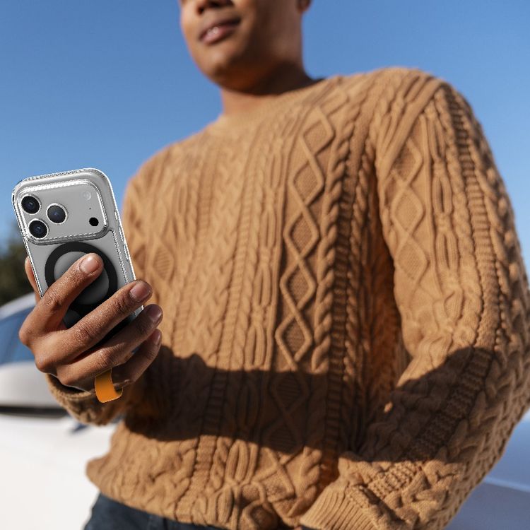 Levelo Spira MagSafe Clear Grip Case for iPhone 17 Pro, Strong Magnets, Horizontal & Vertical Viewing, Shock-Resistant Bumper, Anti-Scratch, 360° Rotating Metal Kickstand - Sunrise Orange