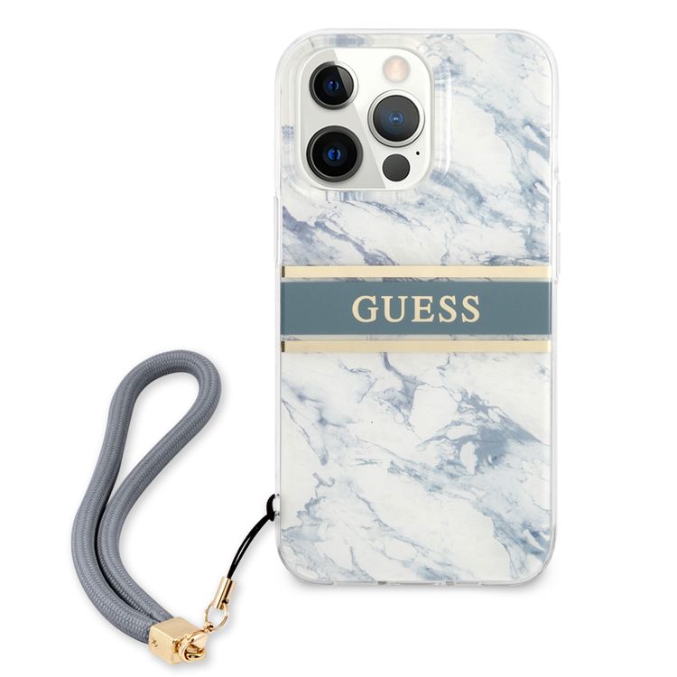 CG MOBILE Guess PC/TPU Case Marble Design & Stripe with Anti-Lost Nylon Strap Compatible for iPhone 13 Pro Max (6.7") Suitable with Wireless Chargers Officially Licensed Blue