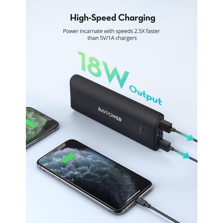 RAVPower 3-Port Power Bank 20100mAh Power Delivery + Quick Charge 30W, High Speed Charging, Universal Portable Charger Compatible for Type-C, USB-A Port