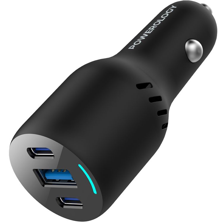 شاحن سيارة Powerology ثلاثي المنافذ 65 وات PD، QC18W، فتحة تهوية تبريد، شاحن كمبيوتر محمول
