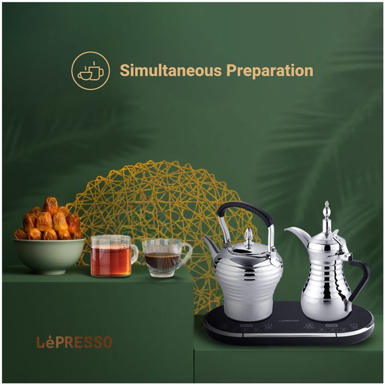 LePresso Electrical Arabic Coffee and Tea Dallah with Over-Heat Protection, 800mL Tea Pot Capacity, 750mL Coffee Pot Capacity, Simultaneous Preparation, Keep Warm   - Silver