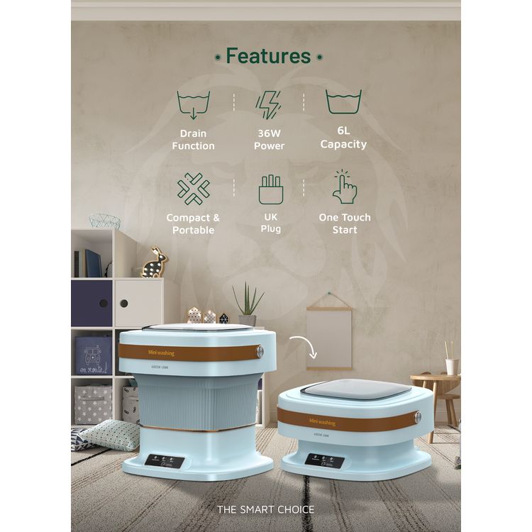 Green Lion Portable 6L Washing Machine, UK Plug, Compact & Portable, 36W Power, Drain Function, 3 Working Modes, One Touch Start - Blue