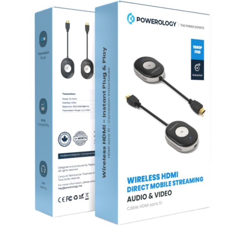 Powerology Wireless HDMI Direct Mobile Streaming Audio & Video, 50m Transmission Range, 4K Resolution, Low Latency, iOS & Android Compatible - Black 