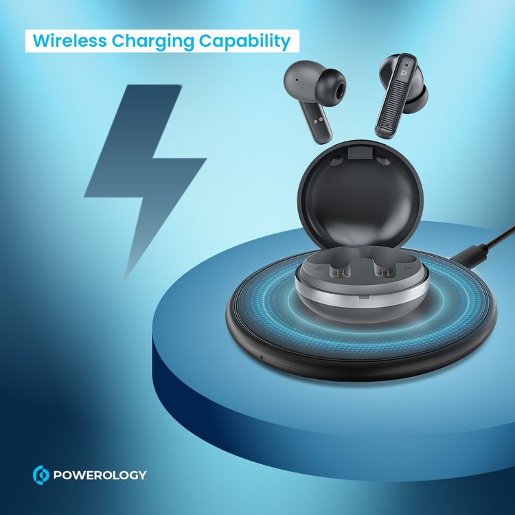 Powerology TWS Earbuds with Quad Mic ENC, 6h Playtime, Bluetooth 5.3, 30minutes Charging Time, 10m Transmission Distance, Type-C Port, Smart Touch Control, Wireless Charging - Black