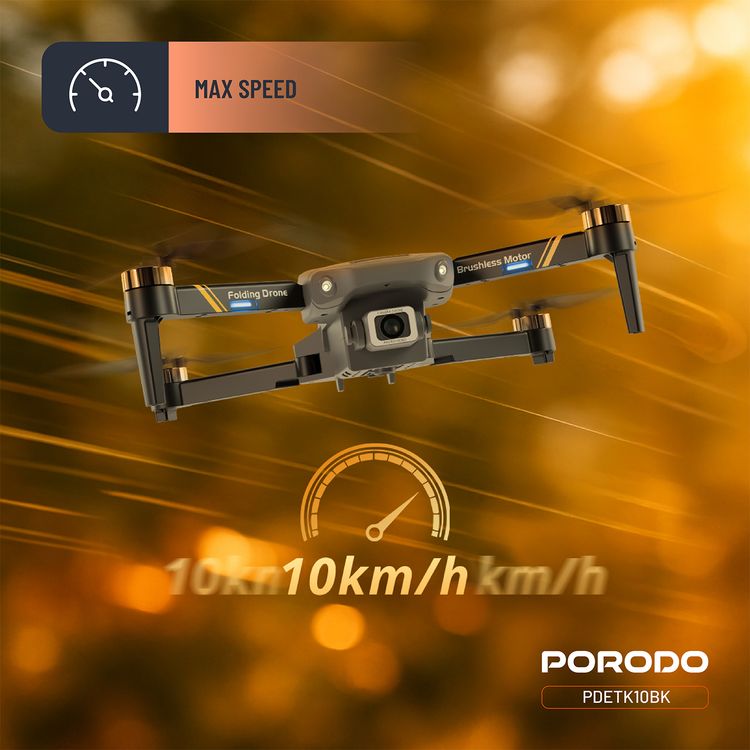 Porodo Aero View Drone with 120m Operational Distance, 360° Flip and Roll, Easy Takeoff & Landing, Up to 12 Minutes Flight Time, 10Km/h Max Speed, 120 Minutes Charging Time - Black 