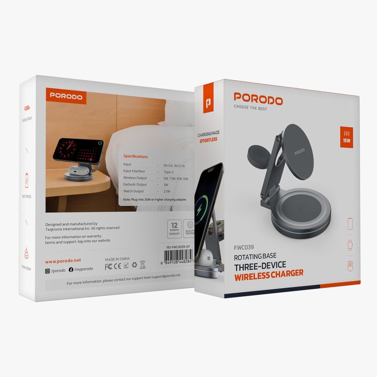 Porodo Rotating Base Three-Device Wireless Charger with 15W Wireless Output, Folding Design, Fast Charging, Type-C Input Interface, Lightweight & Portable - Gray