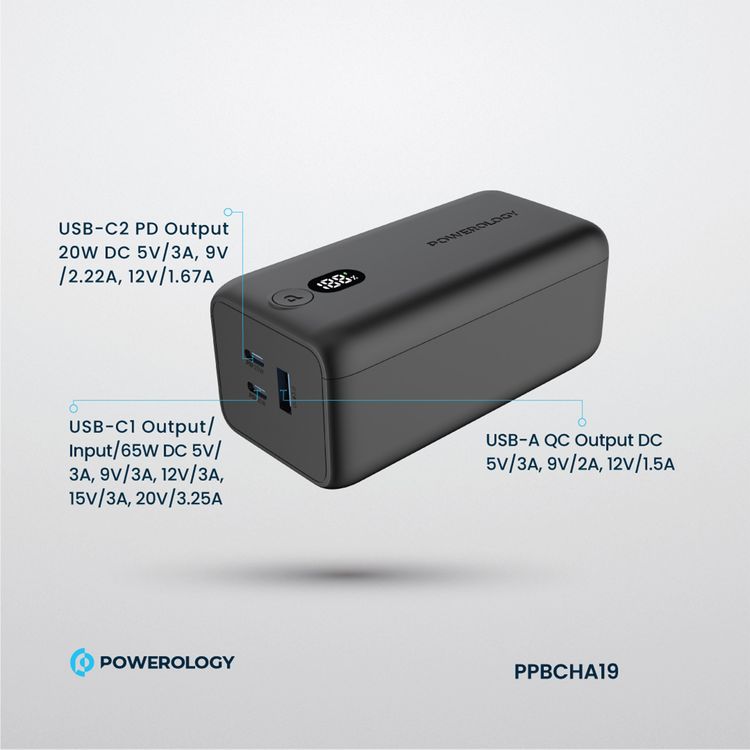 Powerology 20000mAh 65W Onyx Power Bank, Overcharging Protection, USB-A & x2 USB-C Output, LED Display, Fast Charging, Compatible With Laptop  - Black