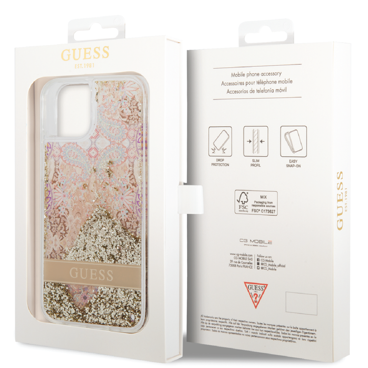 Guess Liquid Glitter Case with Flower Pattern Extra Shine Smooth Touch Feel iPhone 14 Compatibility - Gold