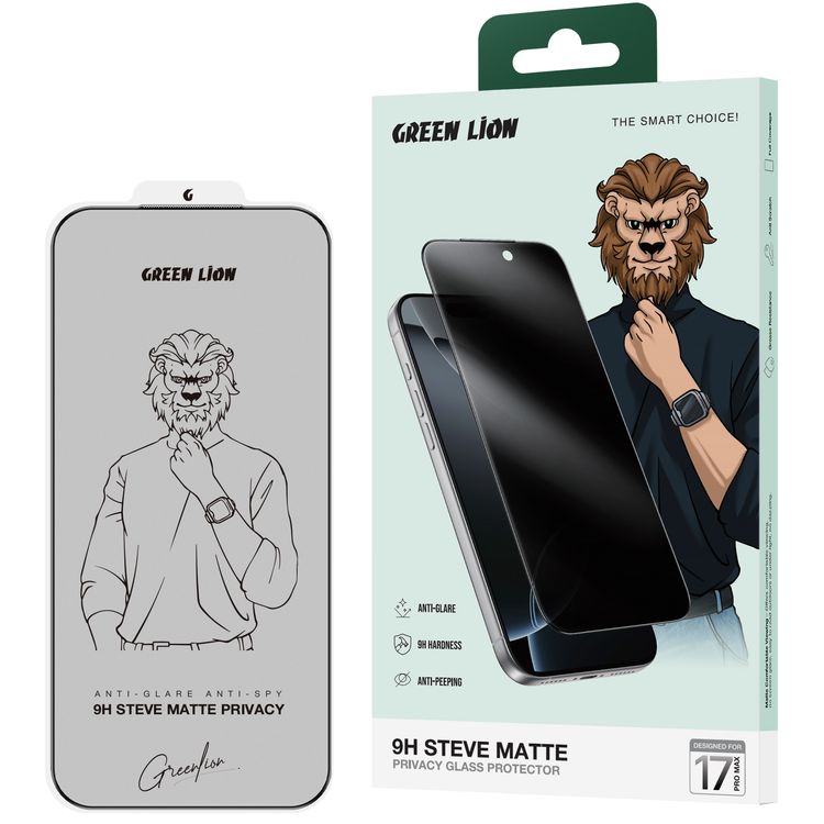 Green Lion 9H Steve Matte Privacy Glass for iPhone 17 Pro Max, Anti-Peeping Dull, Anti-Scratch, Anti-Fingerprint, Grease Resistance, Air Bubble Prevention, Highly Responsive - Black