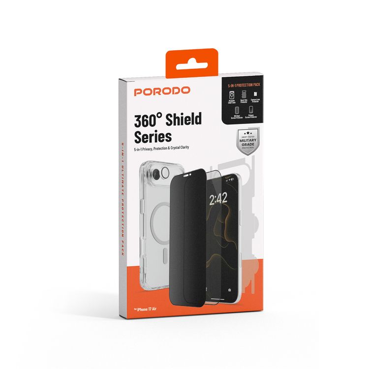 Porodo 360° Shield Series for iPhone 17 Air with 5-in-1 Privacy, Protection & Crystal Clear, HD Clear Screen Protector, Privacy Screen Protector, Camera Lens Protector, MagSafe Clear Case, Back Film Protector, Drop-Tested Military Grade Protection - Clear