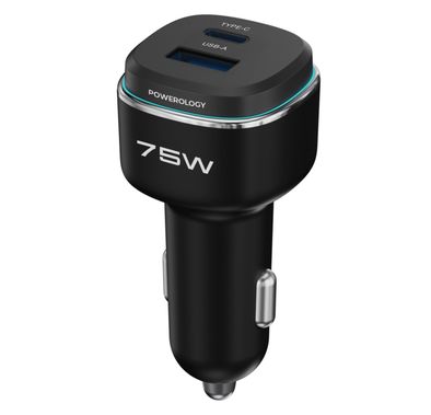 Powerology 75W Dual-Port High-Power Car Charger, USB-C & USB-A Ports, 75W Total Output, 45W Power Delivery, LED Ambient Light, Fast Charge, Zinc Alloy with Oil Painting Finish Material - Black / Gray
