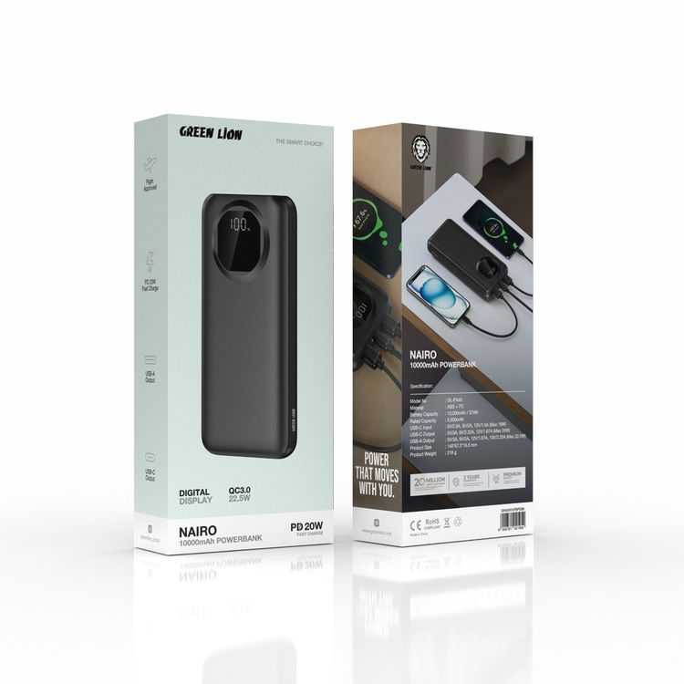 Green Lion Nairo 10000mAh Power Bank with 20W Power Delivery, 5600mAh Rated Capacity, USB-C & Dual USB-A Ports, ABS &PC Material, Fast Charge, Digital Display, Flight Approved, 22.5W USB-A Output - Black