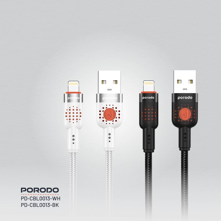 Porodo Aluminum Alloy Braided Cable USB-A to Lightning 1.2, 480Mbps Transfer Speed, 2.4A, more than 15000 Bends Life Span, Tangle Free - White