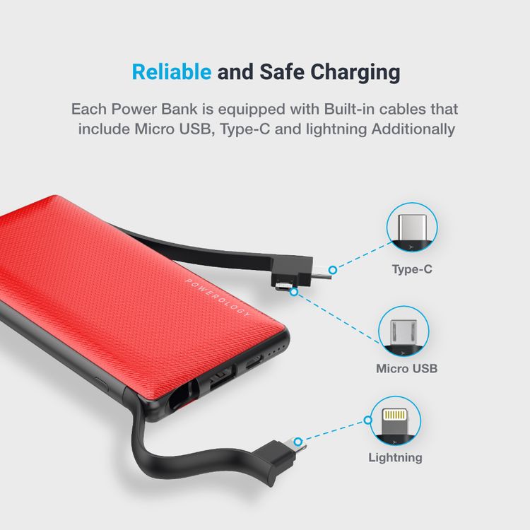 Powerology 6 in 1 Power Bank Station 10000mAh With Built-in Cable, Portable Power Bank, 1 Rapid Recharging Station, Type C Charging Ports - Red 