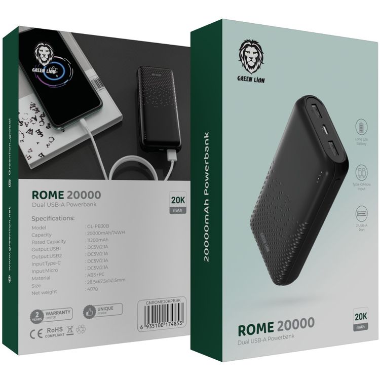 باور بانك جرين ليون روما 20000 مللي أمبير في الساعة مع منفذين USB-A، ومدخل Type-C وMicro، بطارية طويلة العمر، مصنوع من مواد ABS وPC، تصميم خفيف الوزن ونحيف للغاية - لون أسود