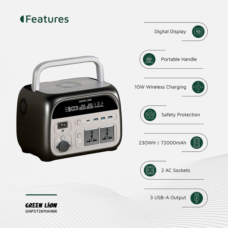 Green Lion Portable 72000mAh Power Station with Up to 600W of Power, PD 22.5W Output, Natural, Warm, SOS & Strobe Light Modes, Digital Display - Black