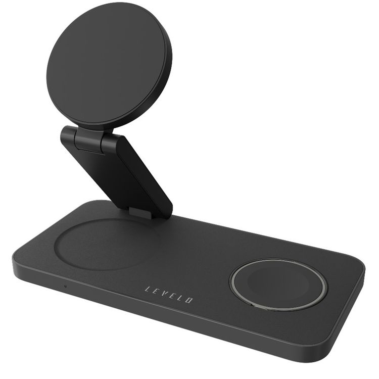 Levelo Quantum 3-in-1 Wireless Charger with 15W Phone Output, 5W AirPods Output, 3W iWatch Output, Strong N52 Magnet, LED Indicator, Compatible with MagSafe, Over Temperature Protection, Simultaneous Charging, Over Voltage Protection, Fast Charging, Foldable Design - Black