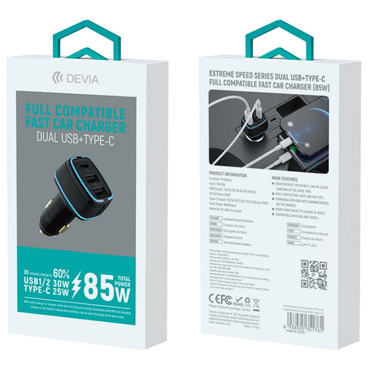 Devia Extreme Speed Dual USB+TYPE-C Full Compatible Fast Car Charger 85W, Soft LED Indicator, 3 Ports All Quick Charge, USB1 & USB2 & Type-C, 12V-24V Wide Voltage Input - Black