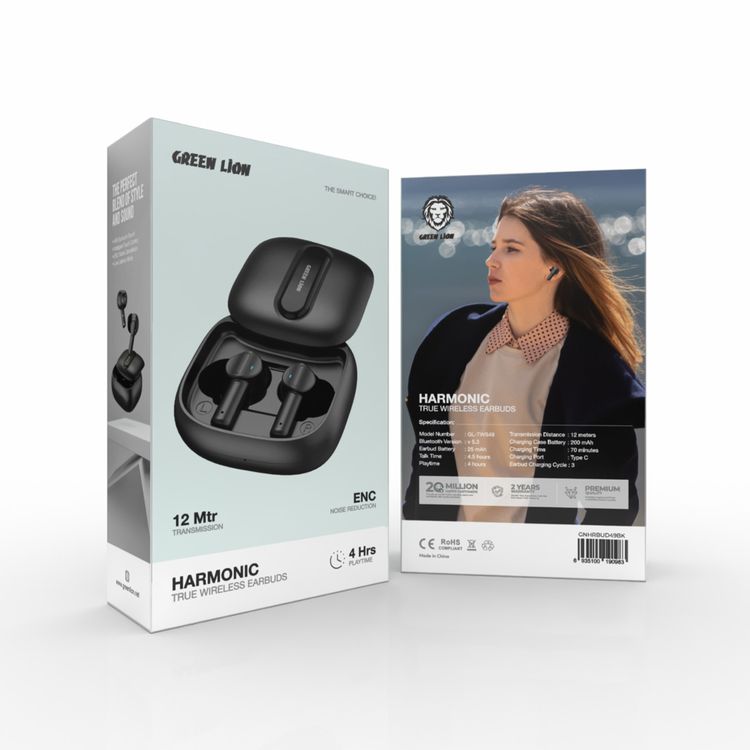 Green Lion Harmonic True Wireless Earbuds with IPX4 Water Resistance, Bluetooth Version 5.3, Multi-Function Touch, 4.5 Hours Talking Time, 4 Hours Playtime, ENC Noise Reduction - Black