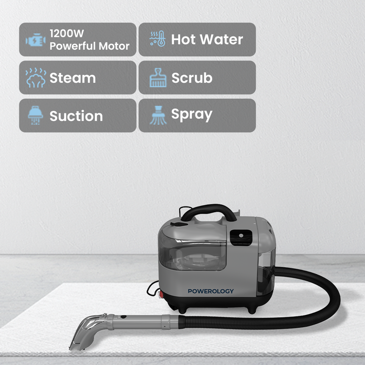 Powerology Powerful Spot Cleaner with Hot Water & Steam Functions, 1800mL Dirty Tank Capacity, 75dB Noise Level, 11kPa Suction Power, Dual-Tank System - Gray