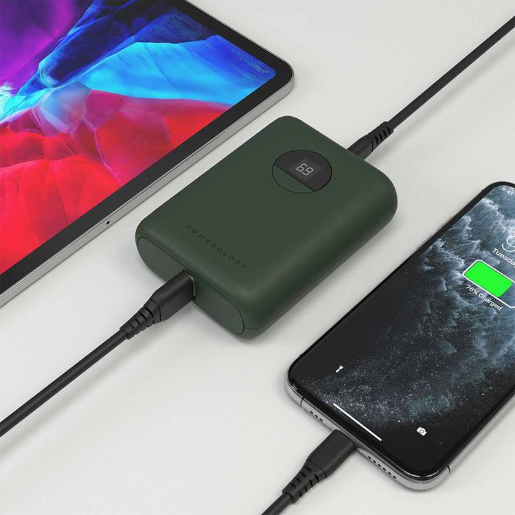 Powerology Ultra-Compact PD 10000mAh Power Bank with Digital Display, 20W Power Delivery, USB-A QC 18W, 0%-60% Charge in 35 Minutes, PowerDash 3.0, Lithium-ion Battery, Lightweight & Compact - Green